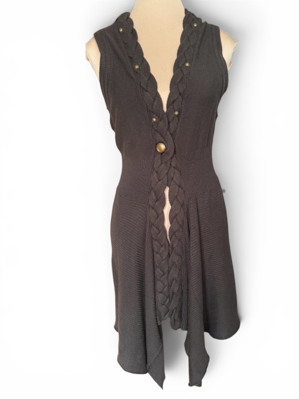 FYLO Khaki Sleeveless Cable Knit Sweater Vest Cardigan Angora Blend Size S NWT